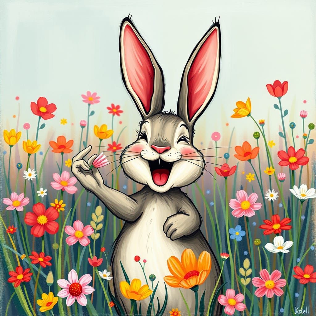 Playful Bunny's Exaggerated Laughter in Vibrant Meadow