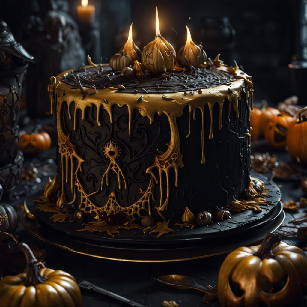 Black and golden gothic halloween cake, hyper maximalist, insanely detailed and intricate, octane render, unreal engine,...