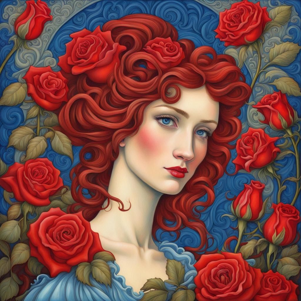 Red Rose and Blue-Eyed Woman in Art Nouveau Style