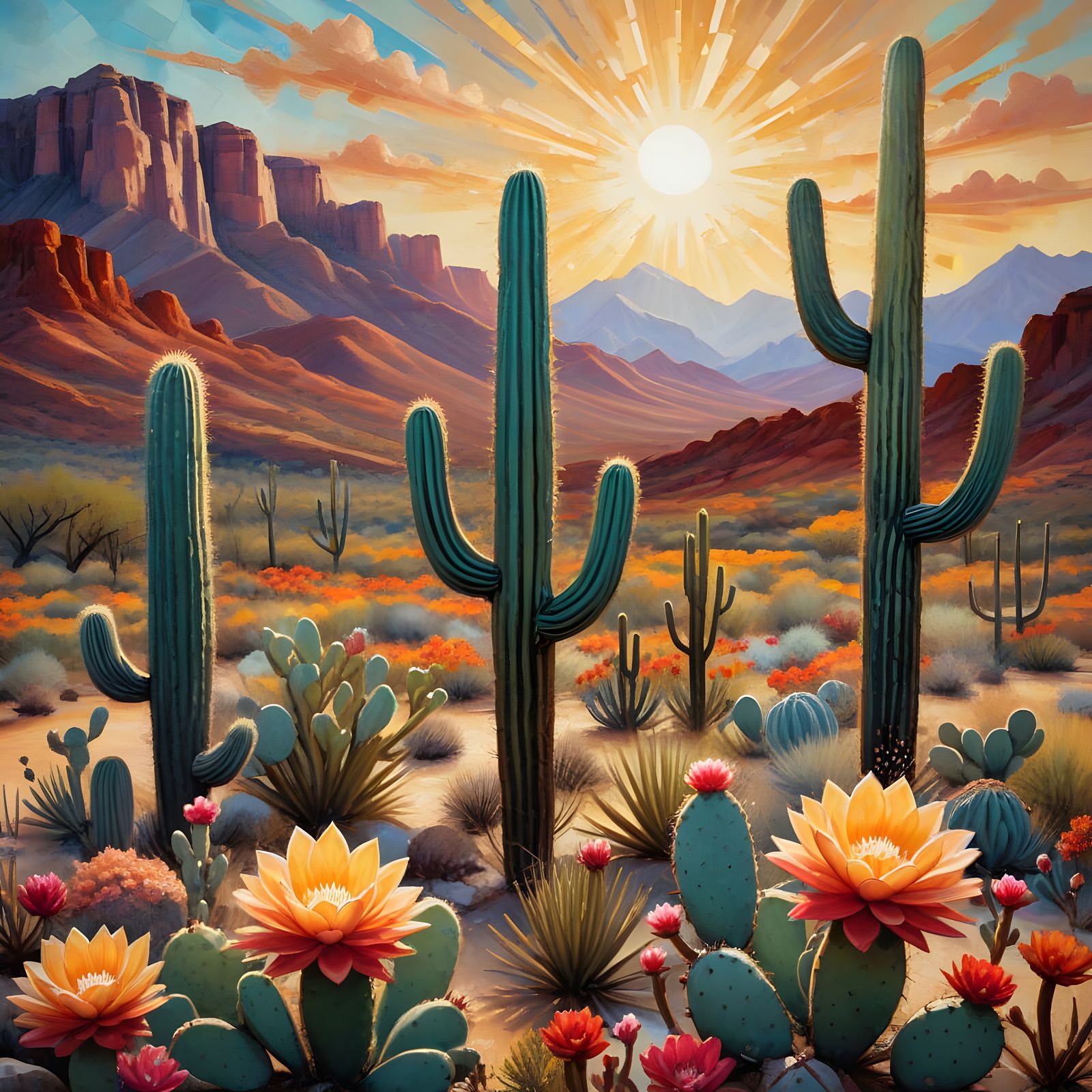 Southwestern Desert Scene in Beeswax Painting Style