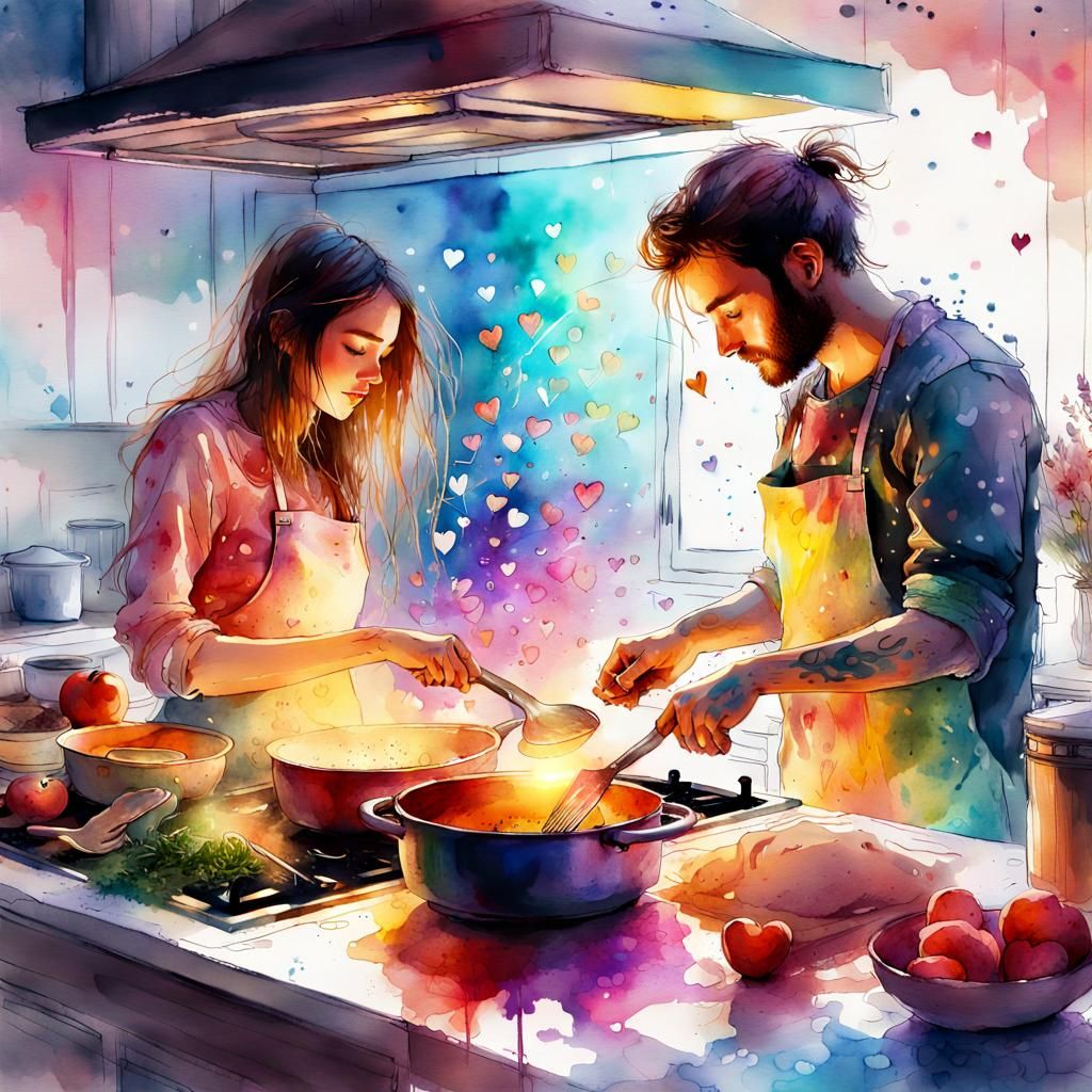 Cute Couple Cooking in Kitchen, Watercolor Illustration