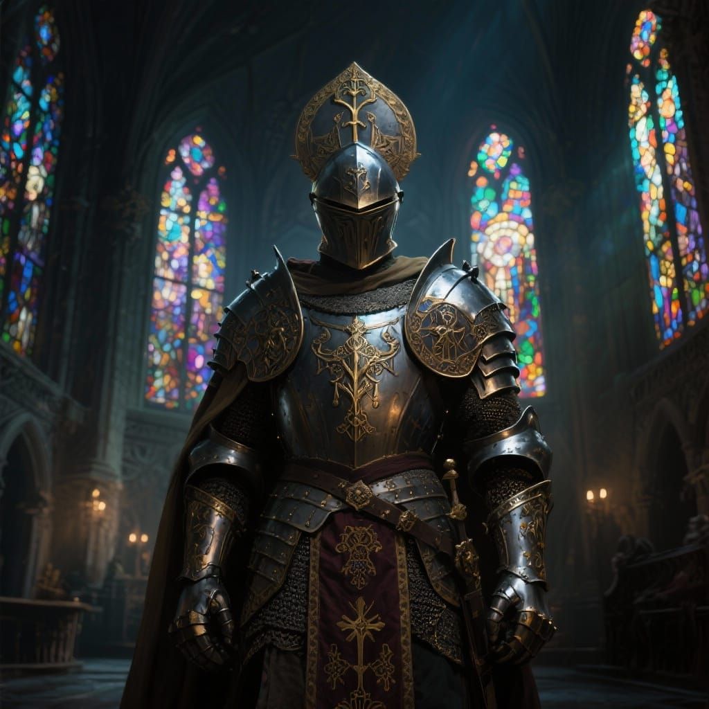 Cleric of Tyr in Ornate Armor in Cathedral