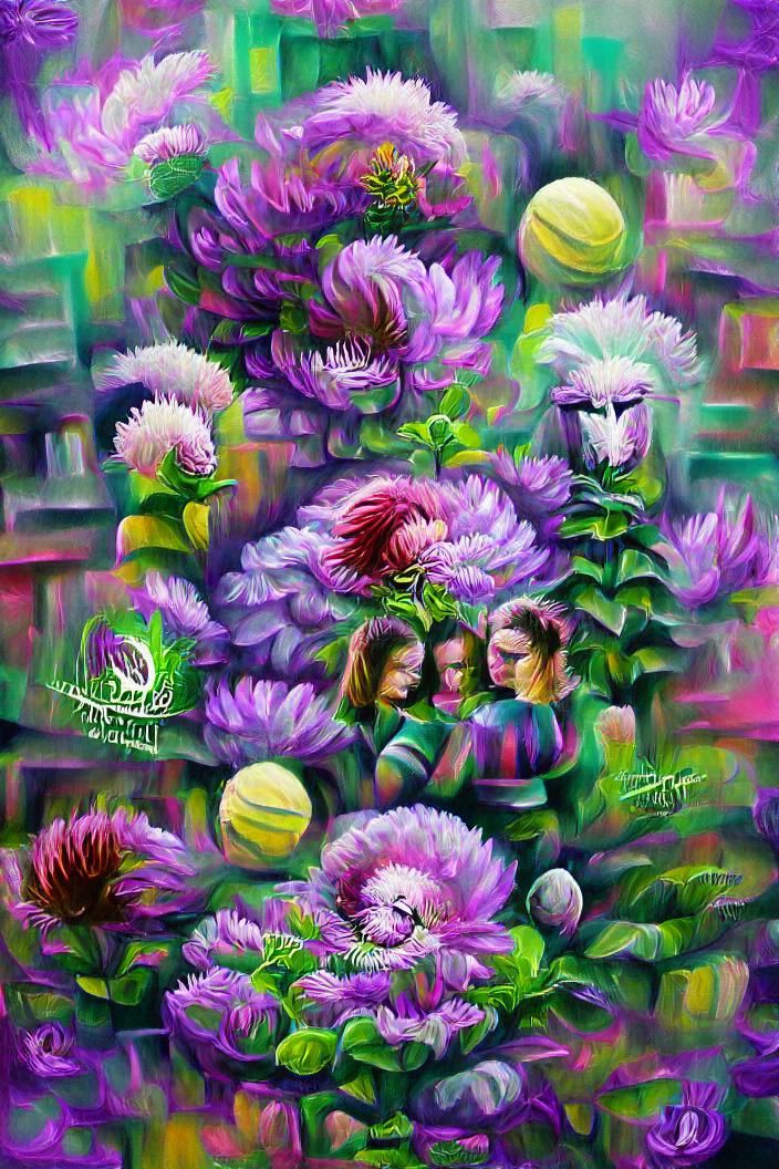 Vibrant Chrysanthemums in Purple and Green: Digital Illustra...