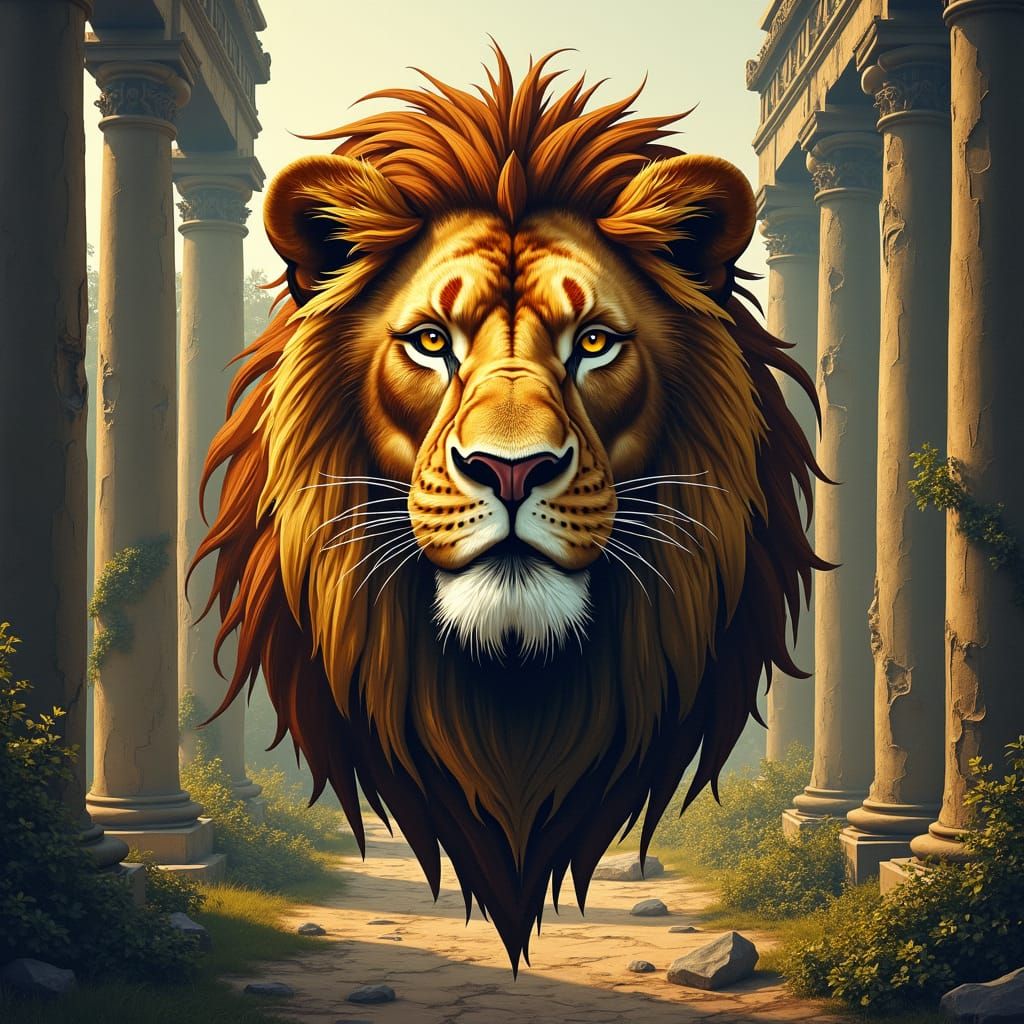 Lion Face with Tribal Patterns and Ancient Ruins