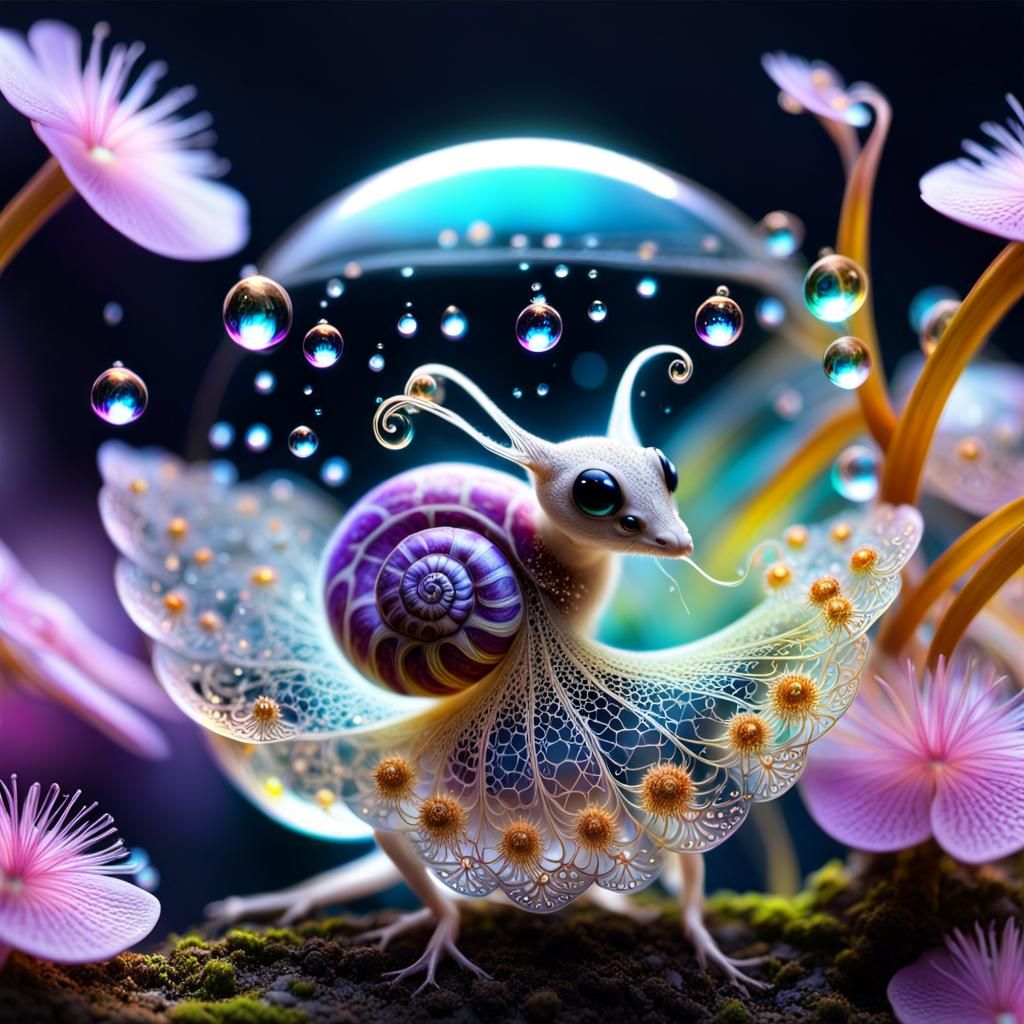Winged Snail with Fractal Waterfalls, Macro Photograph