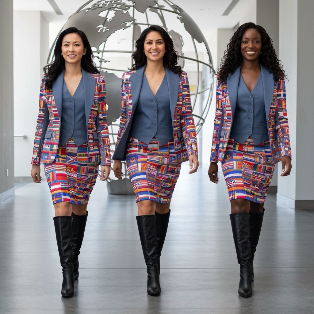 Businesswomen in Flag-Themed Suits Stroll Hallway