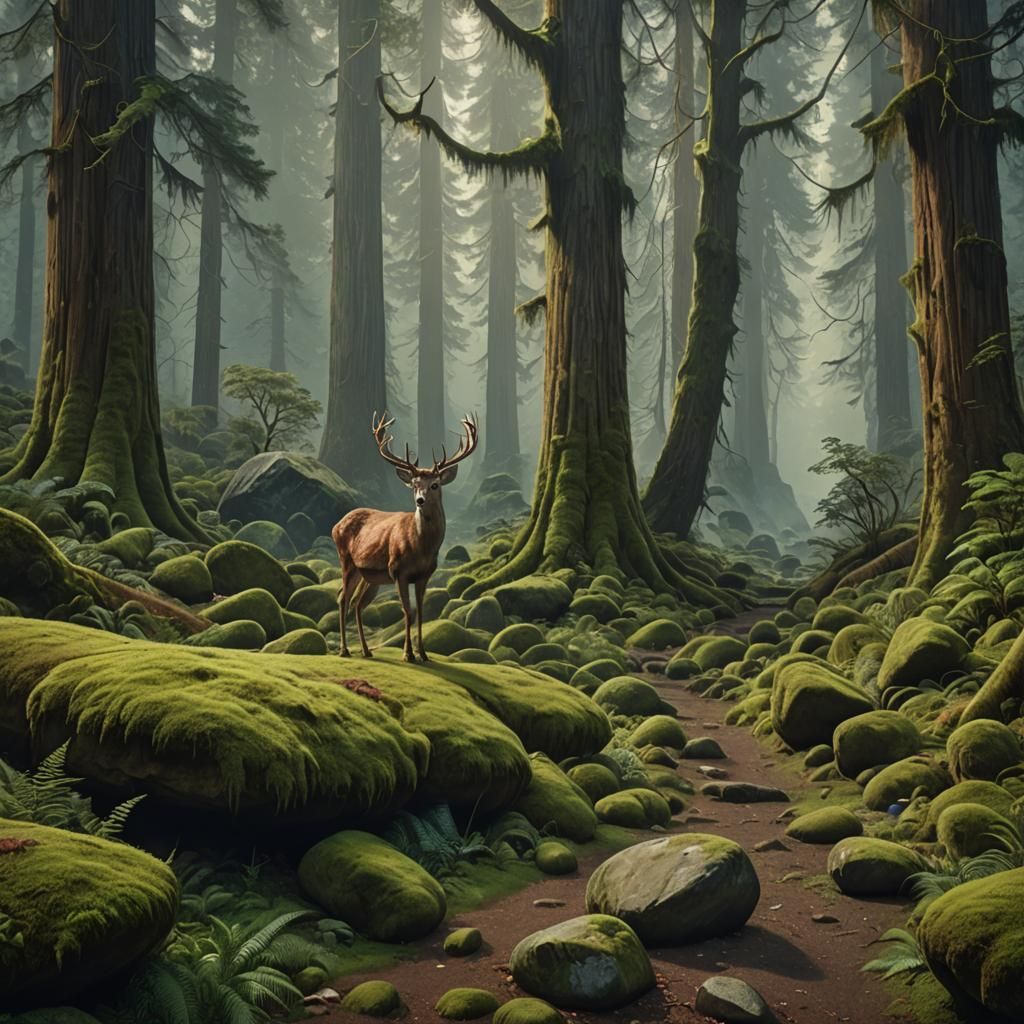 Misty Redwood Forest Path with Deer, Fantasy Art
