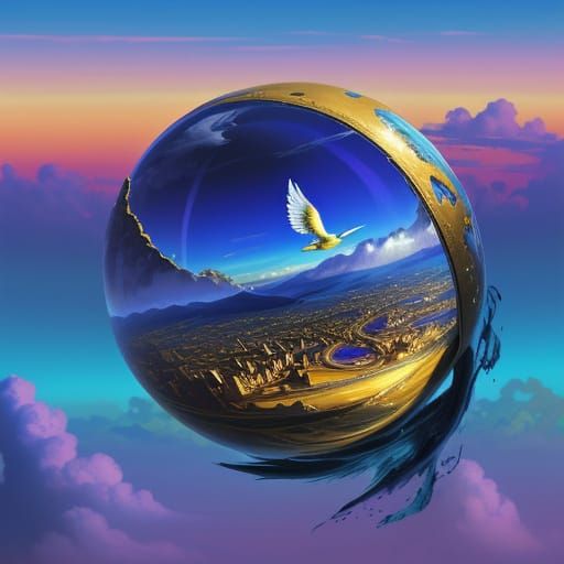 Dreamlike Bird in Vibrant, Swirling Sky