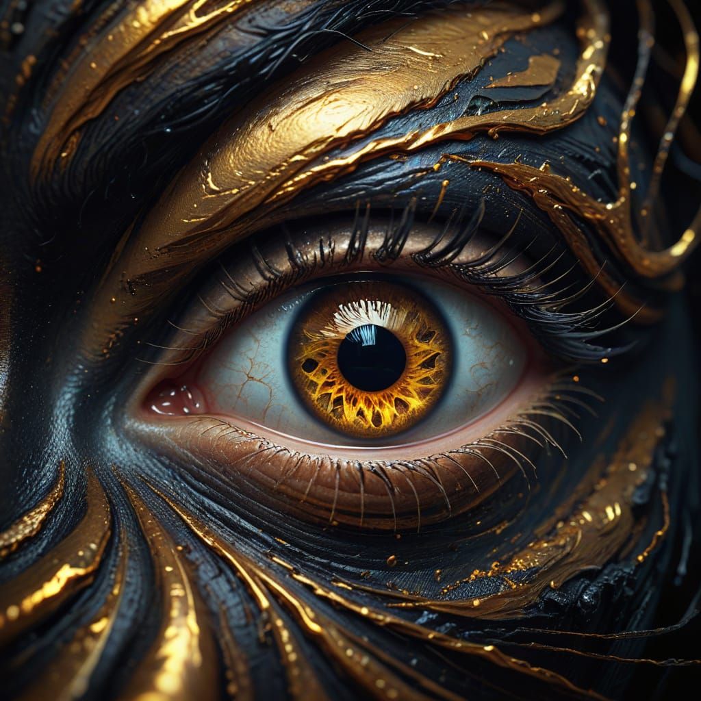 Surreal Eye Staring: Macro Oil Painting in Gold