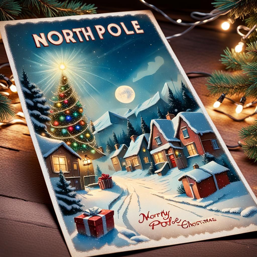 Vintage North Pole Village Scene in Hyperrealistic Style