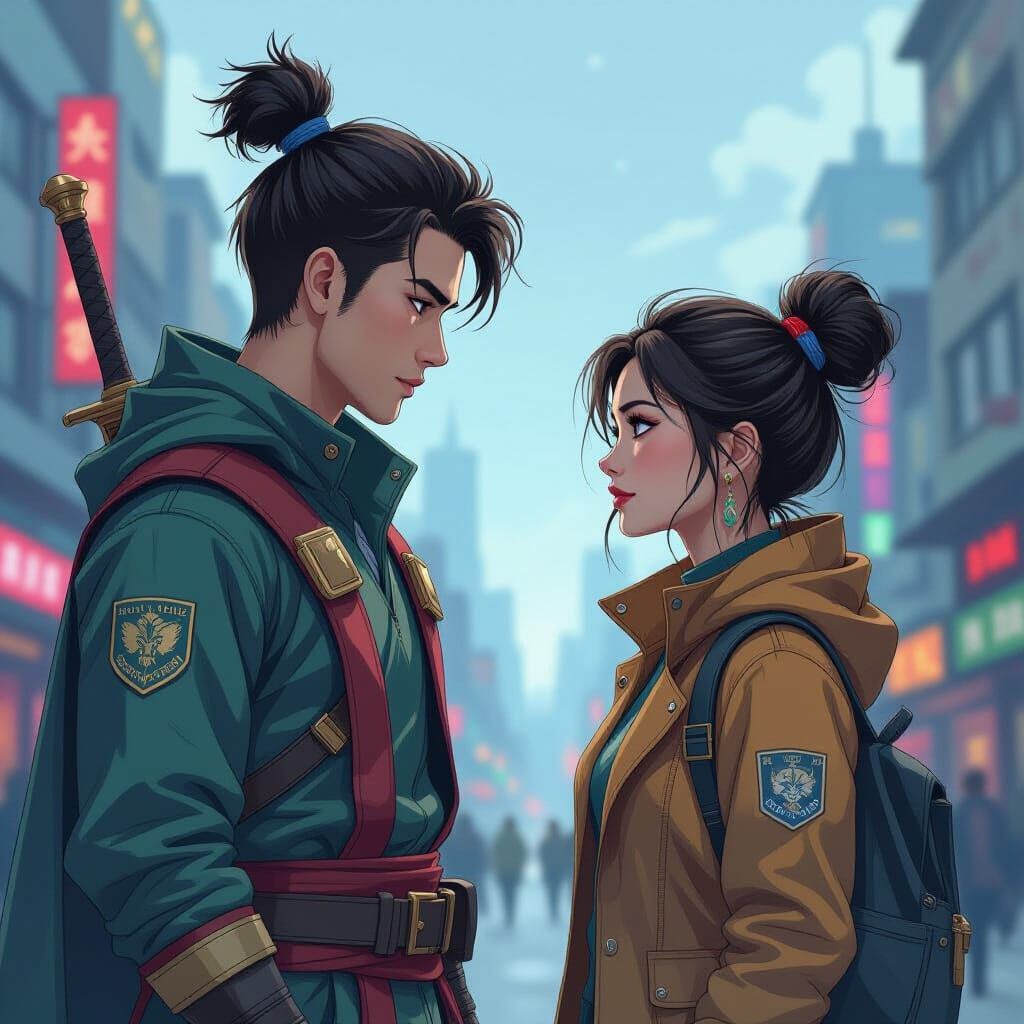 Celestial Warrior and Mortal Woman in Modern Cityscape
