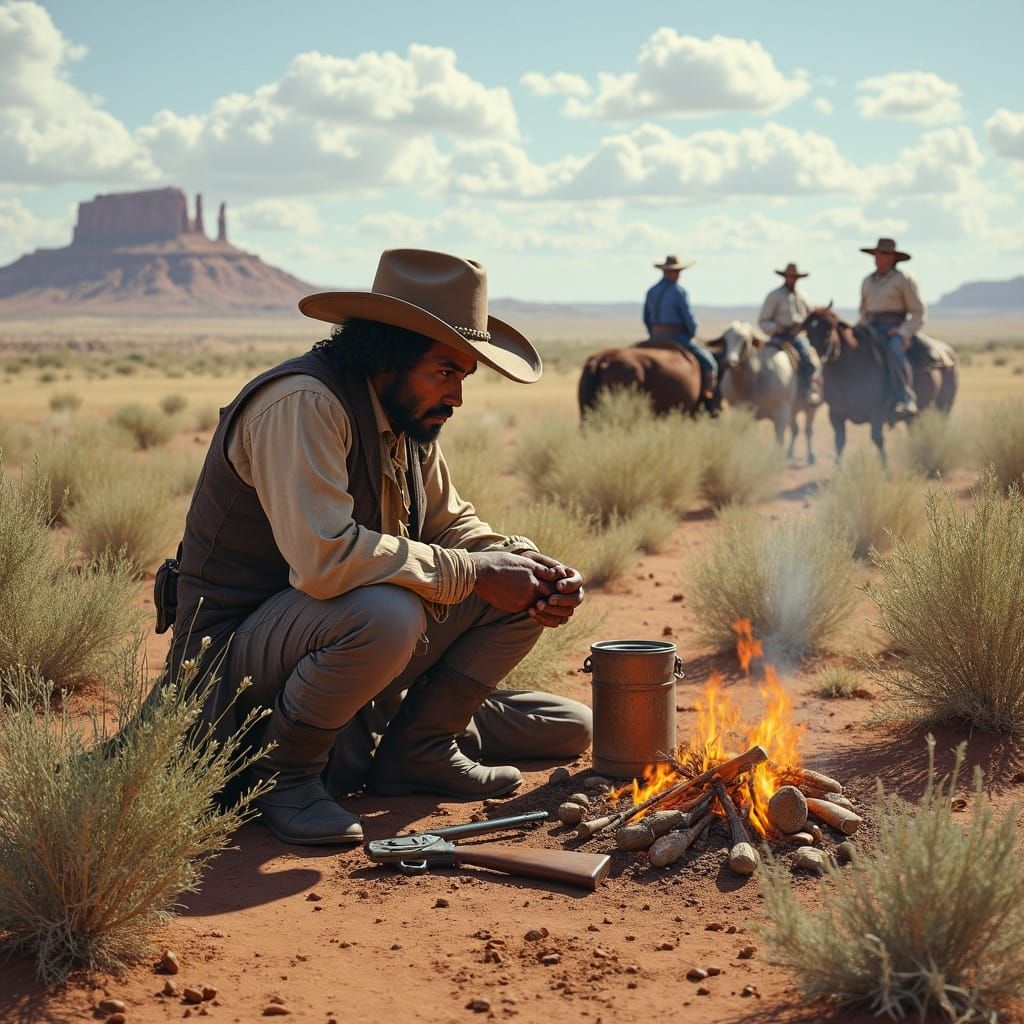 Native American Cowboy in Badlands by Campfire