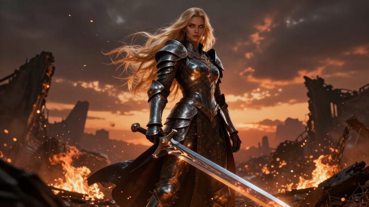 Dark Fantasy Warrior Woman in Ruined Battlefield