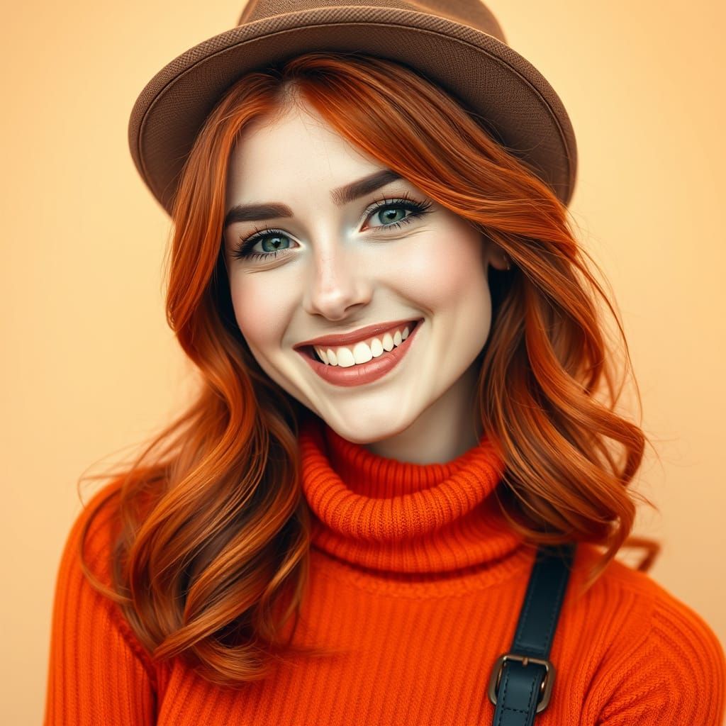 a woman with bright red hair with a hat
