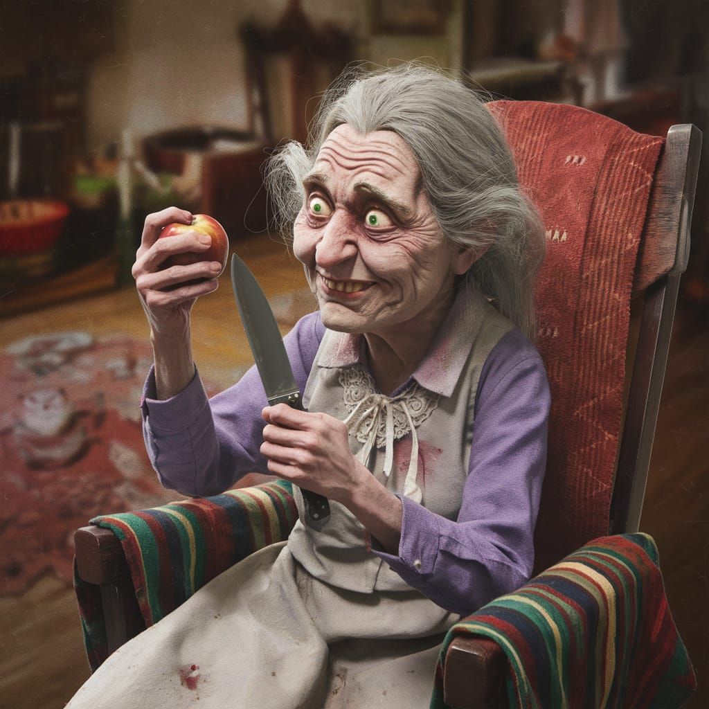Whimsical Old Lady with Knife and Apple