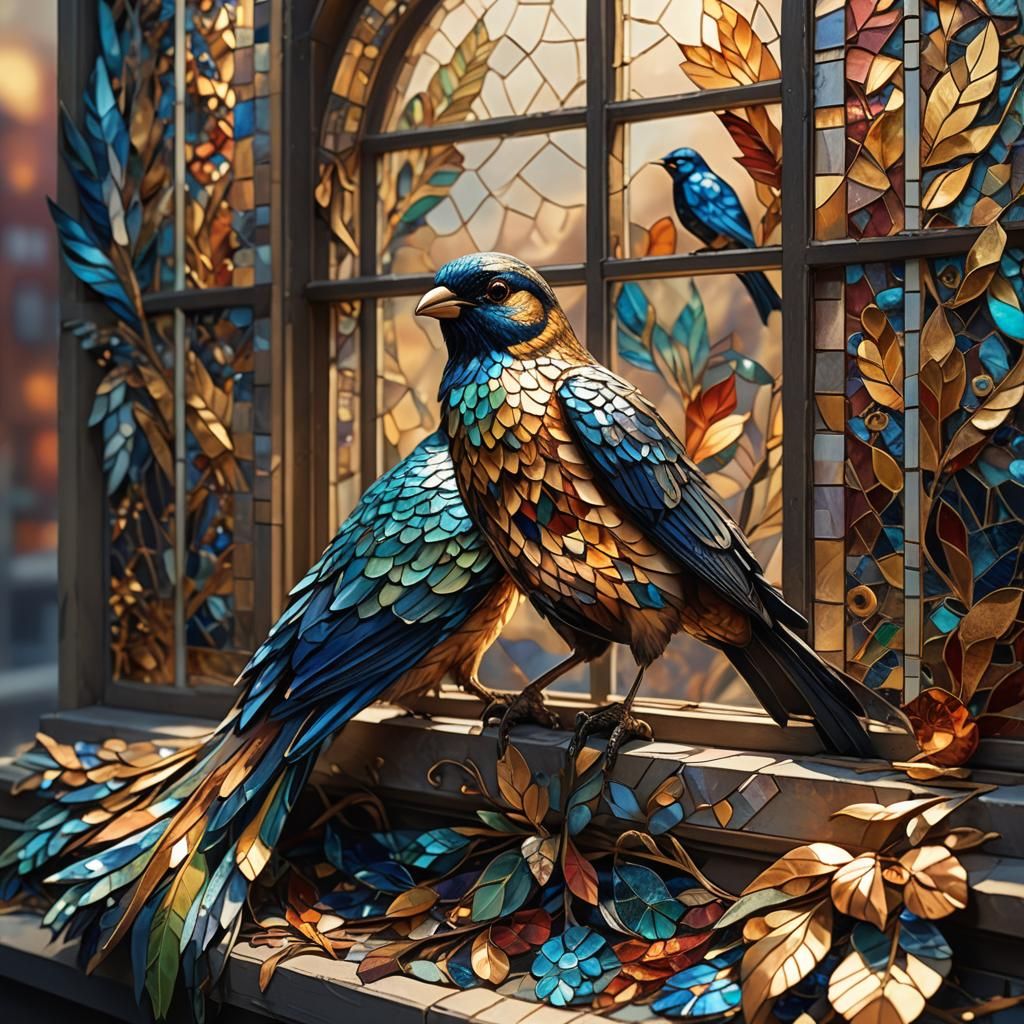 Mosaic Bird on Windowsill: Fantasy Concept Art