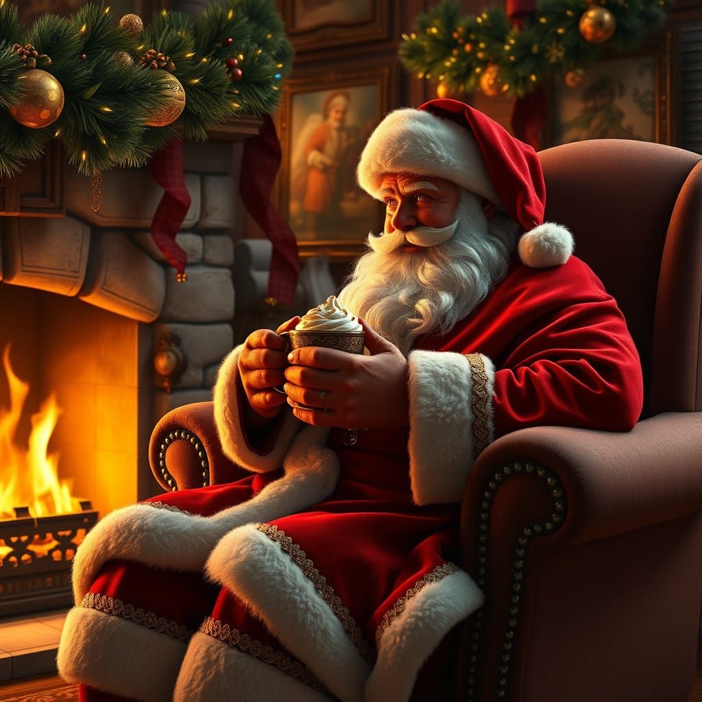 Jovial Santa Claus Sits by Fireplace with Hot Chocolate