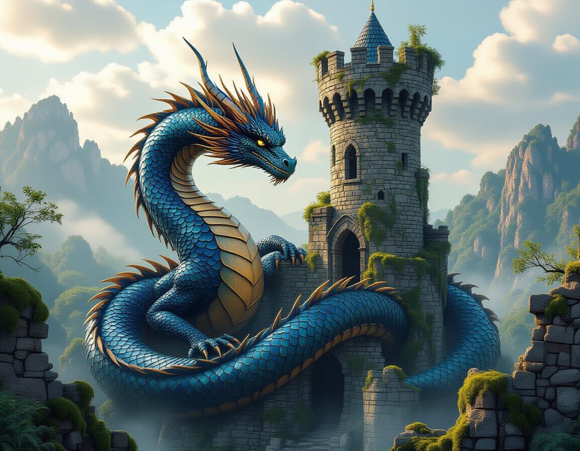 Majestic Dragon Guards Ruined Castle in Fantasy Concept Art