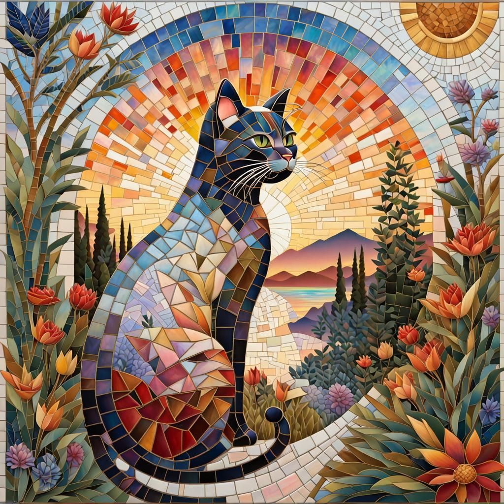 Vivid Mosaic: Woman and Cat in Pop Art Style