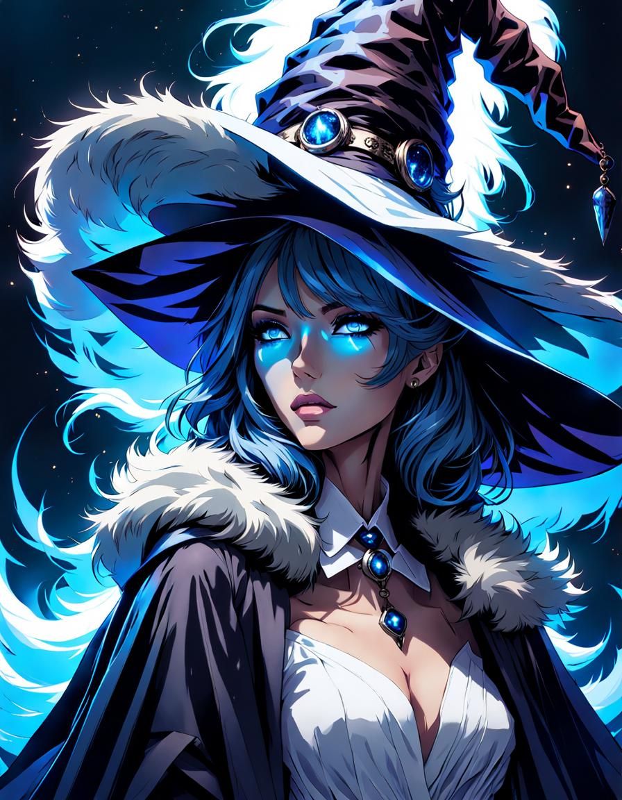 Cracking Blue-Skinned Witch with Bioluminescent Fur Cape