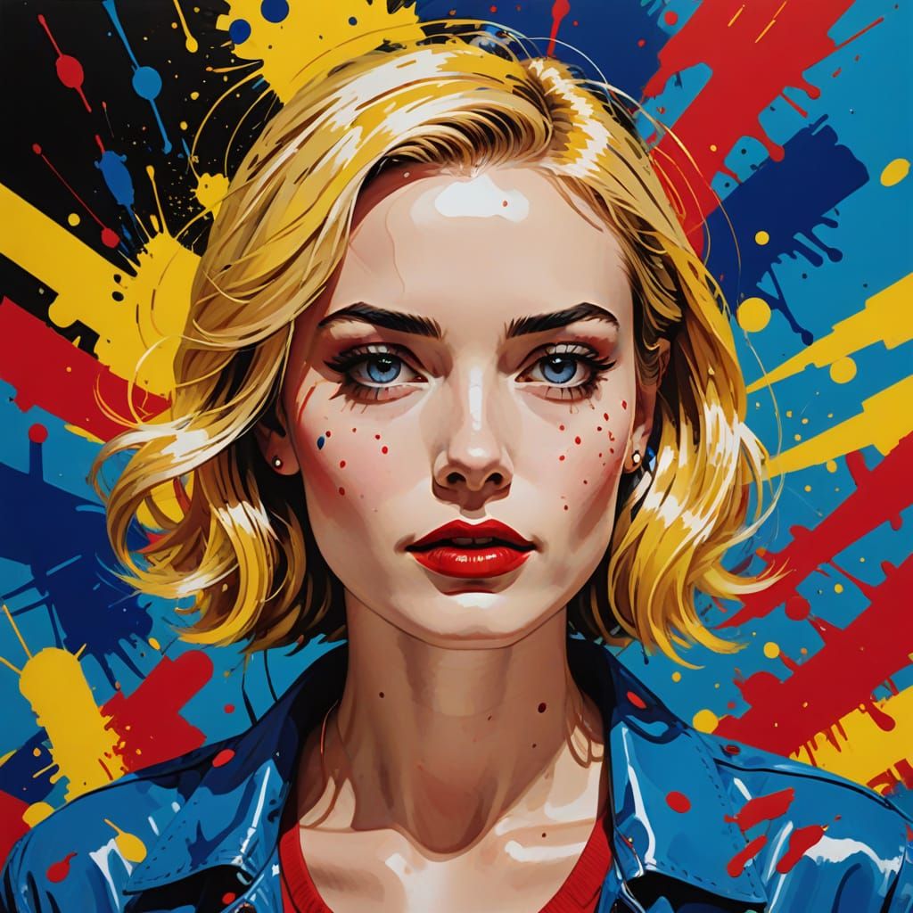 Bold Pop Art Portrait of a Blond Woman with Vibrant Paint Sp...