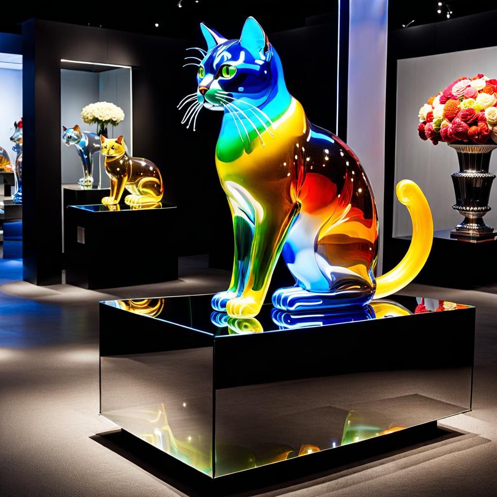 Blown Glass Cat Sculpture on Mirror Platform