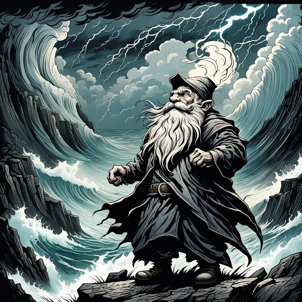 Gnome vs Hurricane: Dark Fantasy Illustration