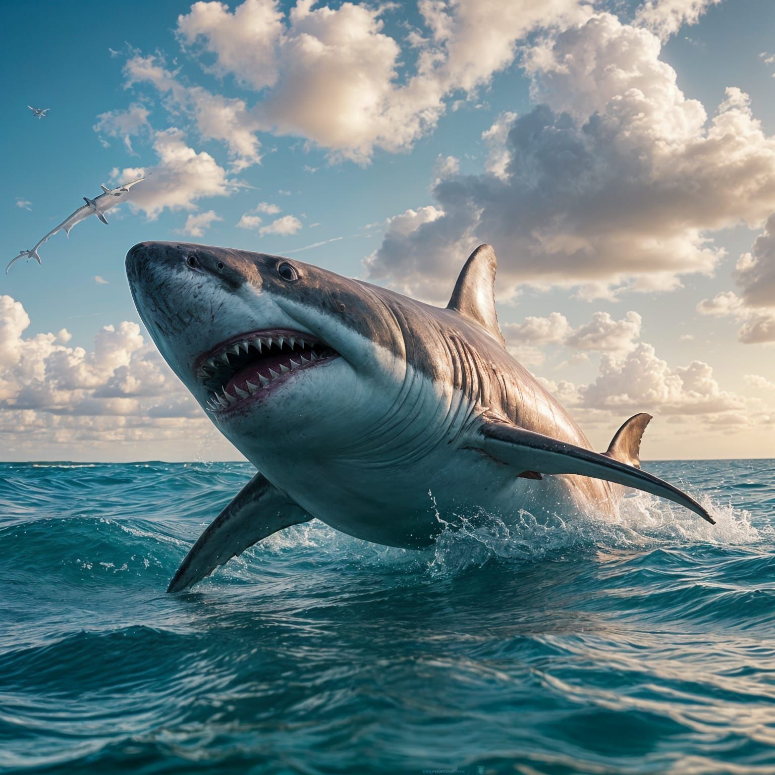 Great White Shark Leaps, Hyperrealistic Dark Fantasy Art