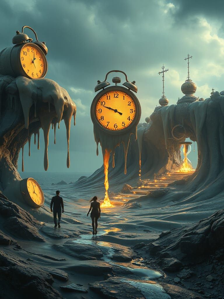 Surreal Time Landscape with Melting Clocks
