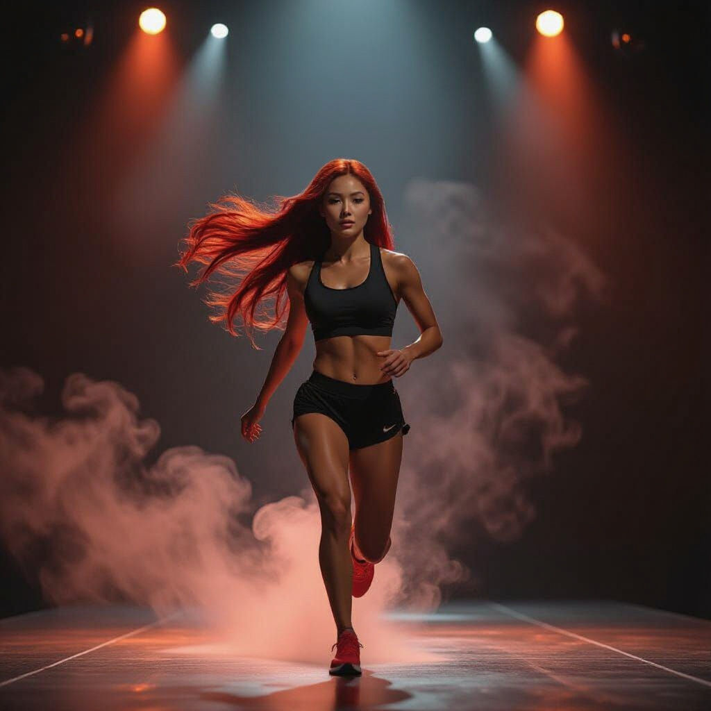 Red-Haired Woman Runs on Moonlit Stage in Athletic Gear