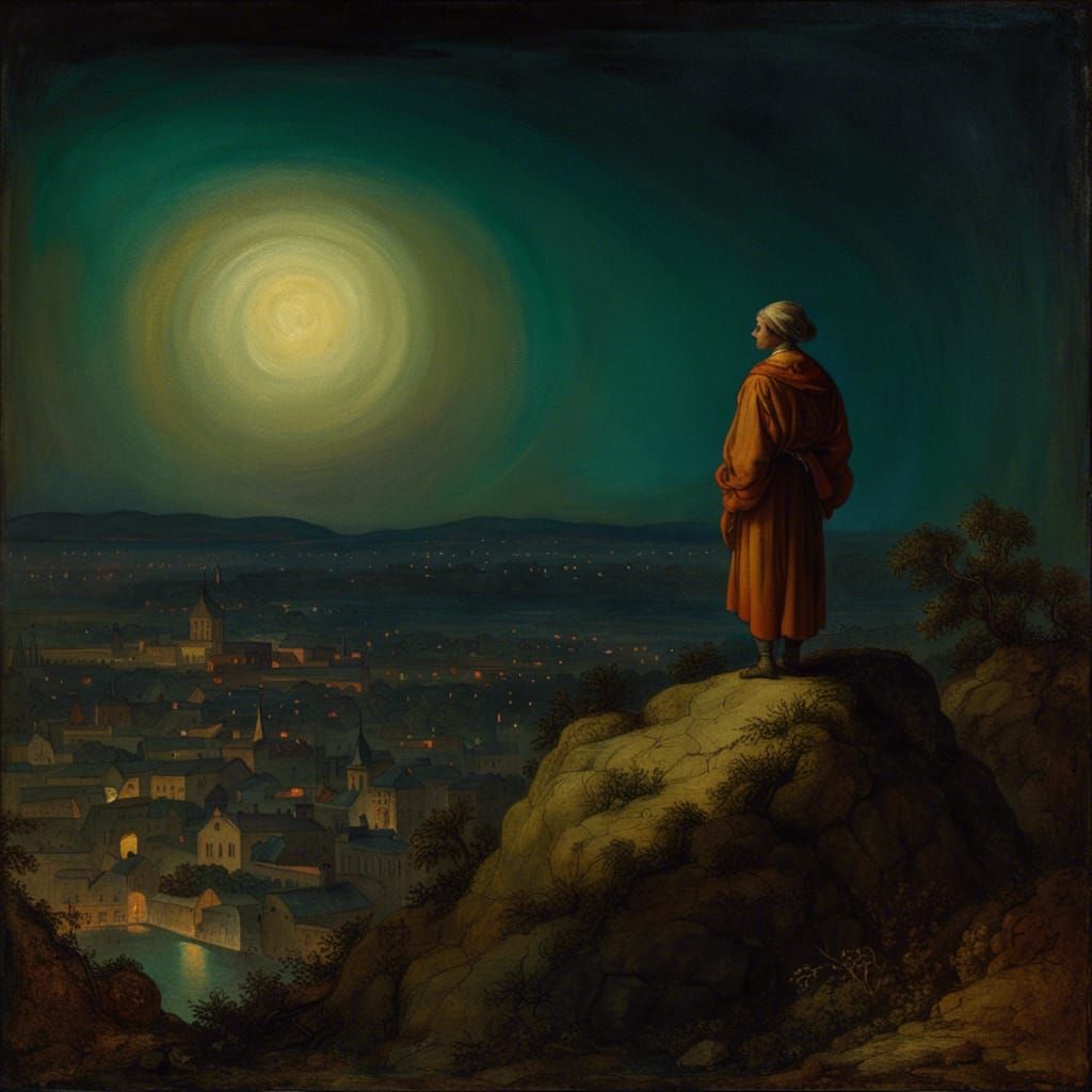 Moonlit Figure Overlooking City: Renaissance Painting