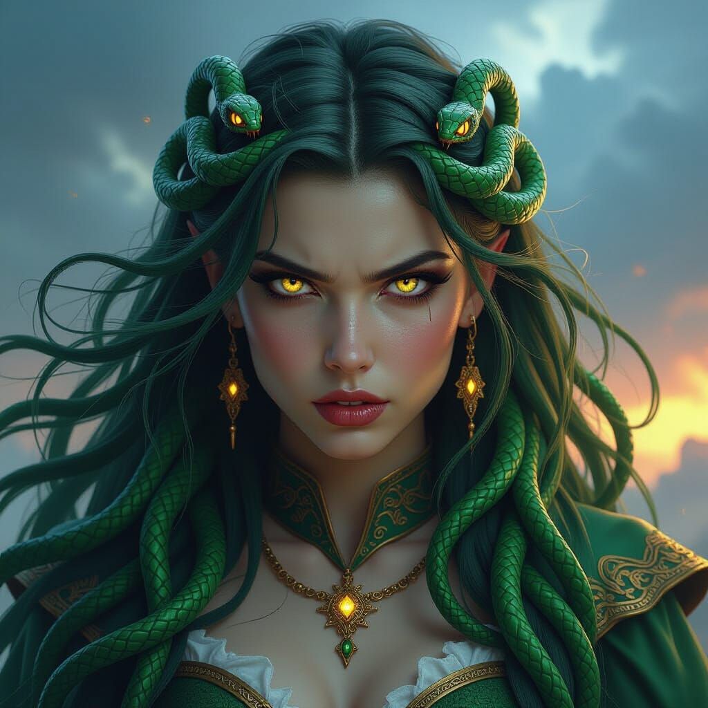 Fantasy Medusa with Snake Hair in Stormy Sky