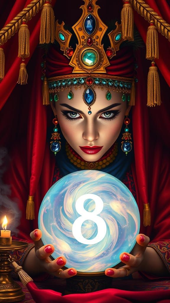 Inside a vibrantly adorned tent, a mystical fortune teller w...