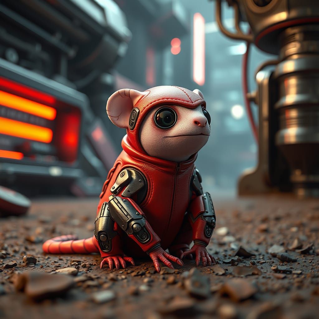 Red Leather Marmoset Robot in Sci-Fi Scene