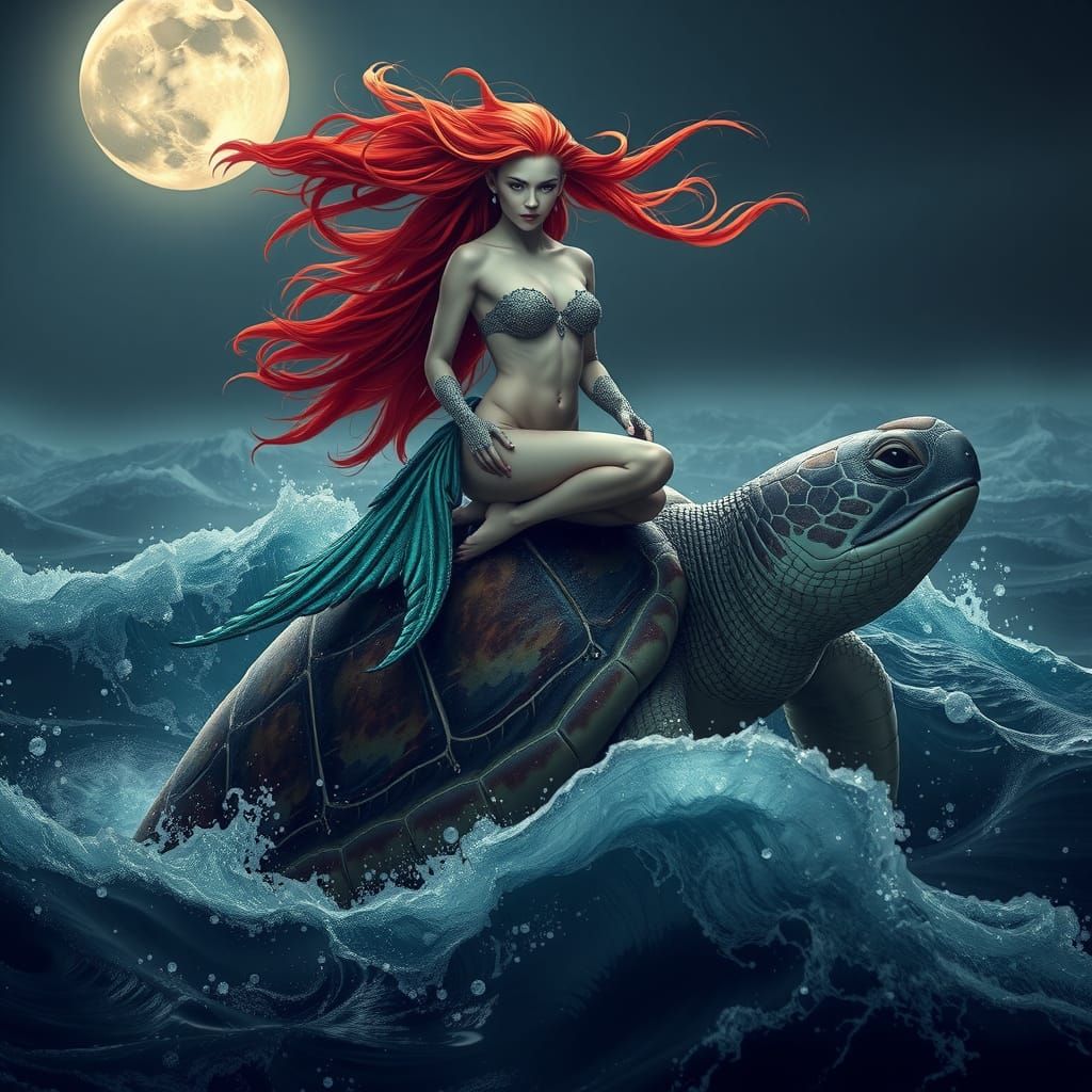 Majestic Mermaid on Sea Turtle in Hodges-Mead Style