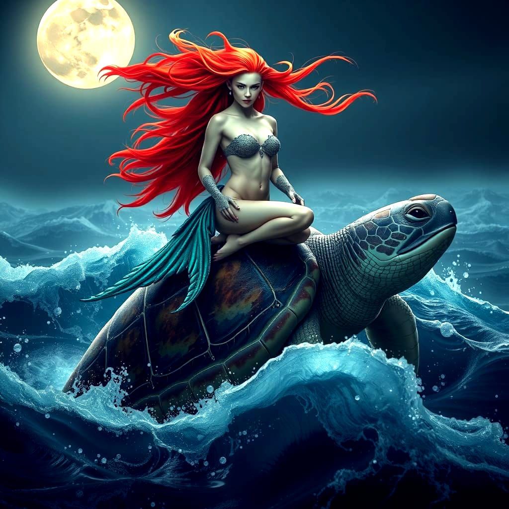 Mermaid on Sea Turtle in Stormy Ocean