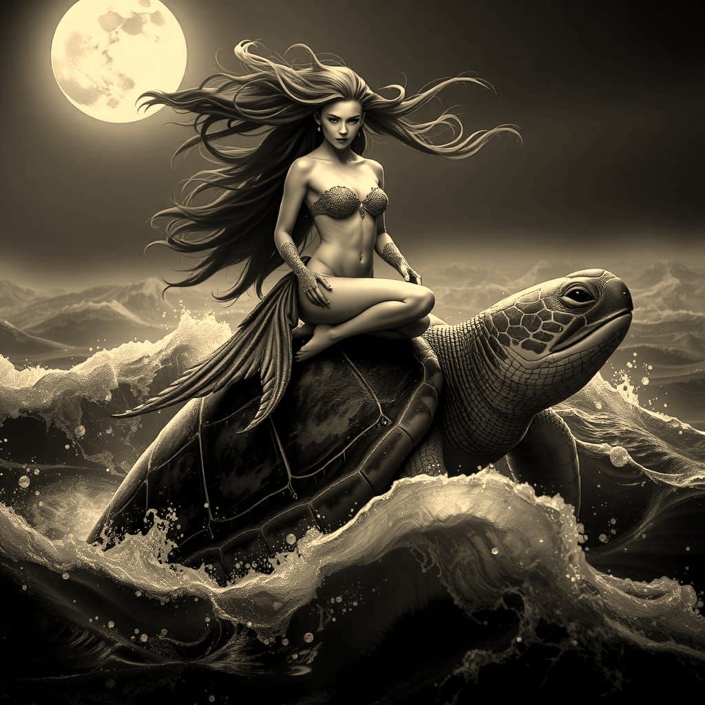 Magnificent Mermaid Riding Sea Turtle in Stormy Ocean