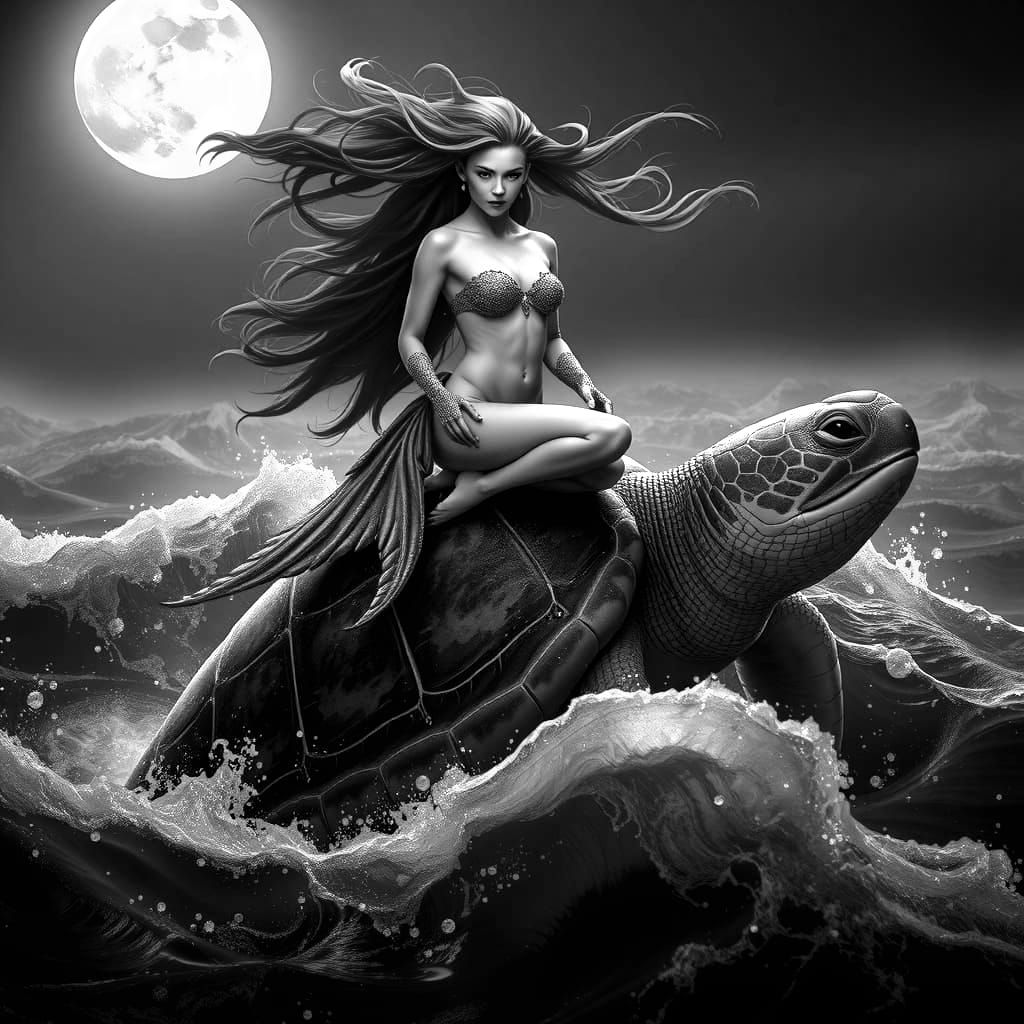 Mermaid on Sea Turtle in Stormy Ocean
