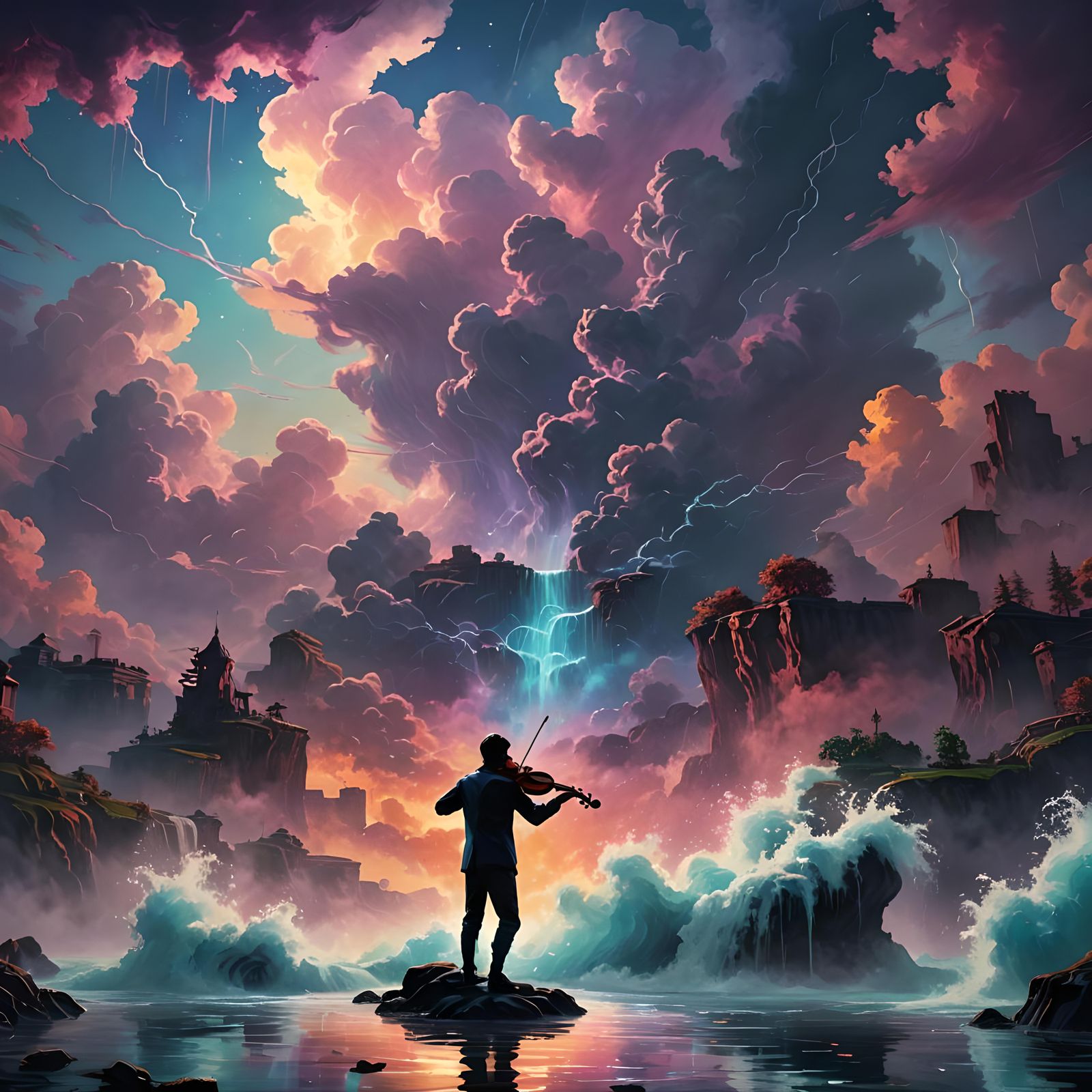 Futuristic Violinist in Synthwave Watercolor Landscape