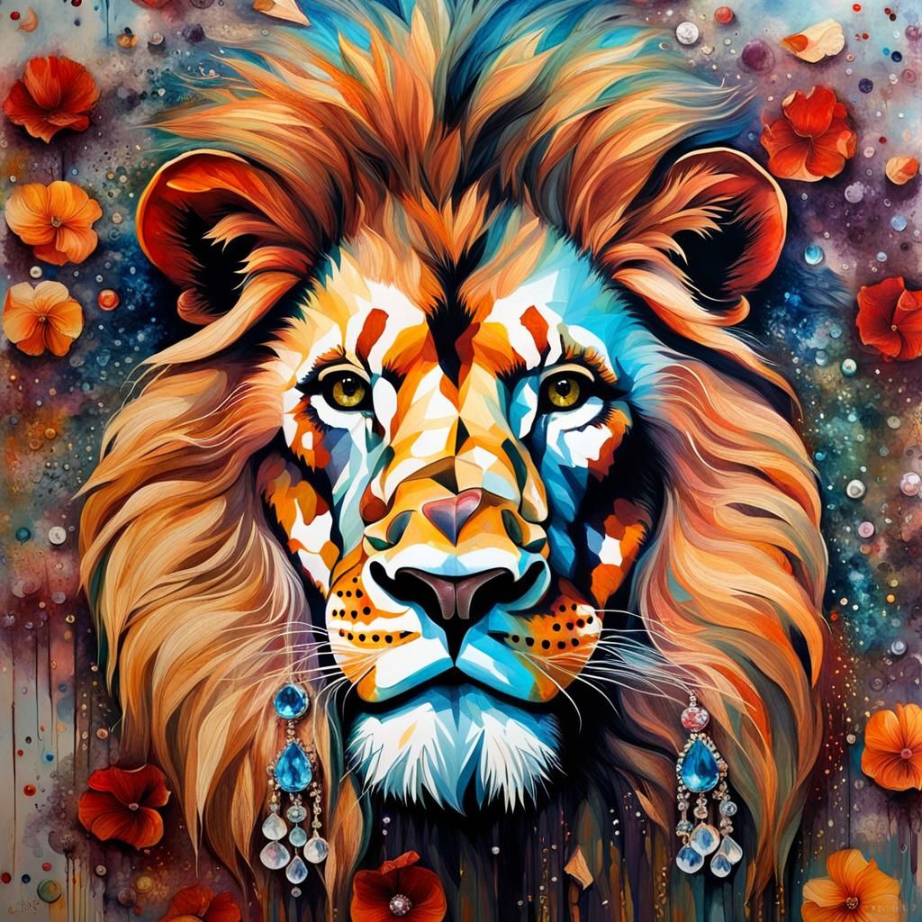 Jeweled Lion Portrait in Melting Oil Style