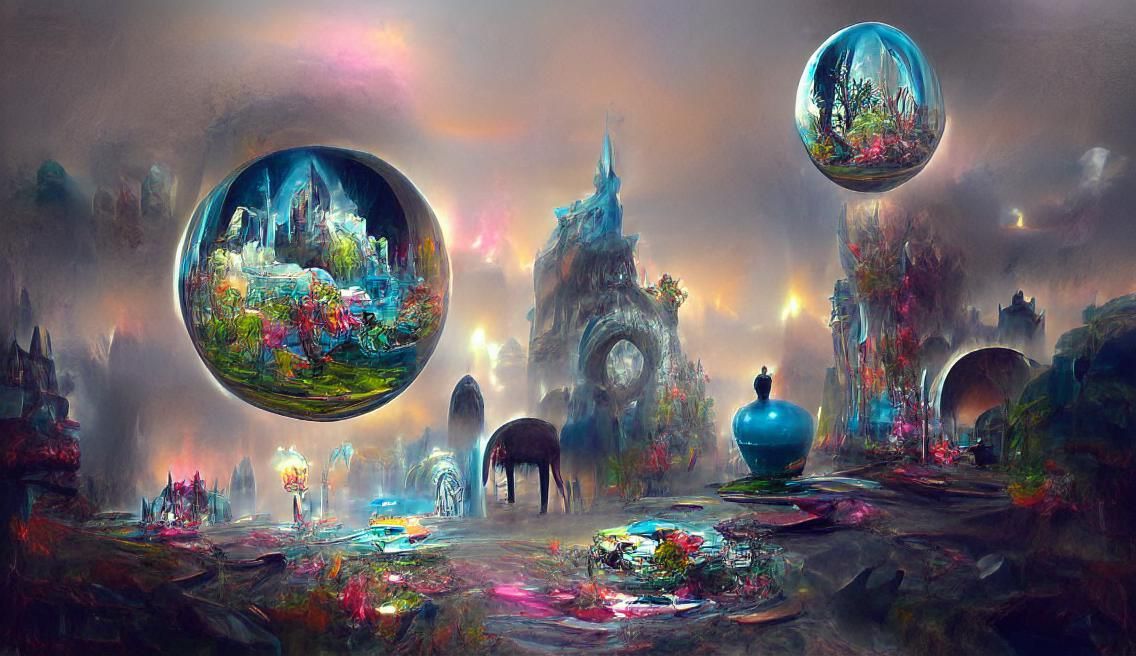 Wonderland Landscape with Wild Horses, in a Colorful Digital...