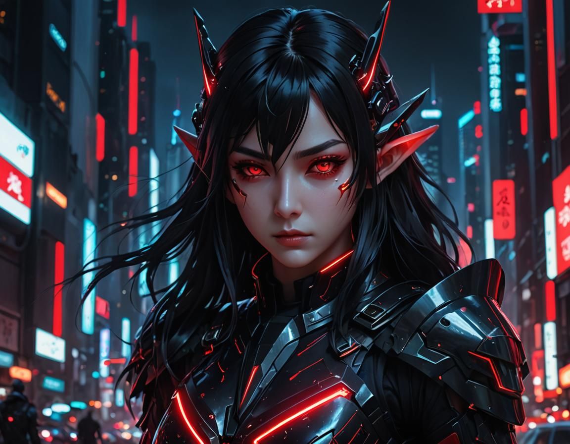 Cyberpunk Elf Warrior in a Destroyed Cityscape