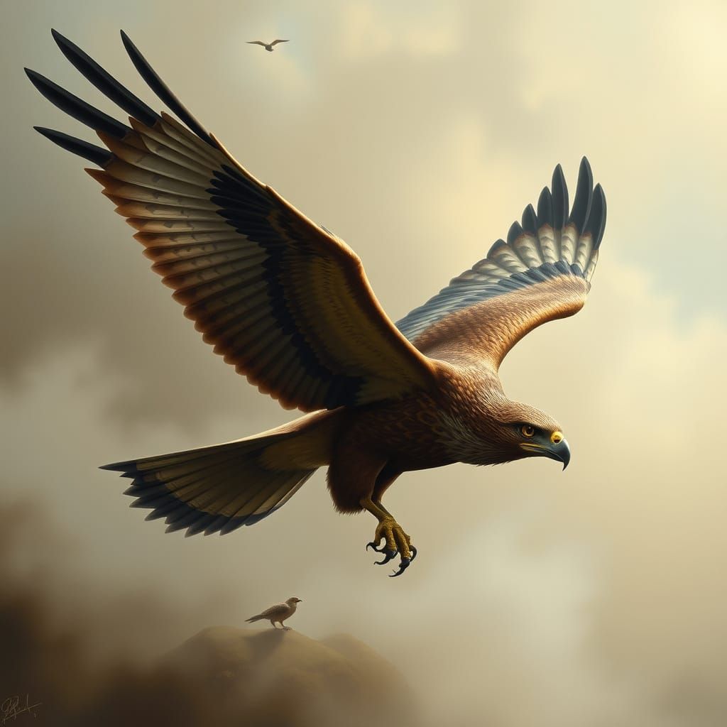 Hawk Soaring in Dreamlike Surreal Landscape