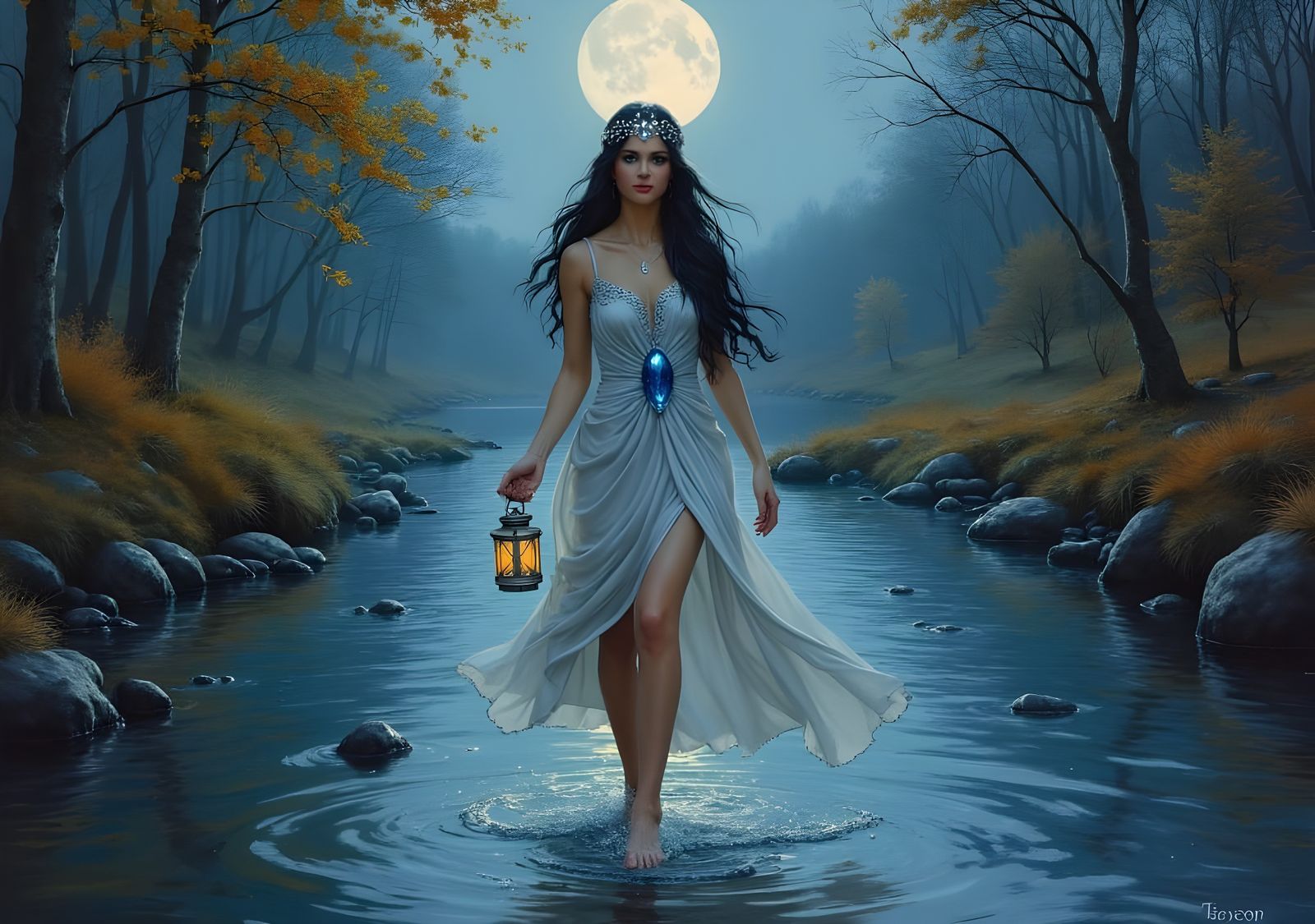Norse Goddess Walks in Moonlit Stream: Oil Painting