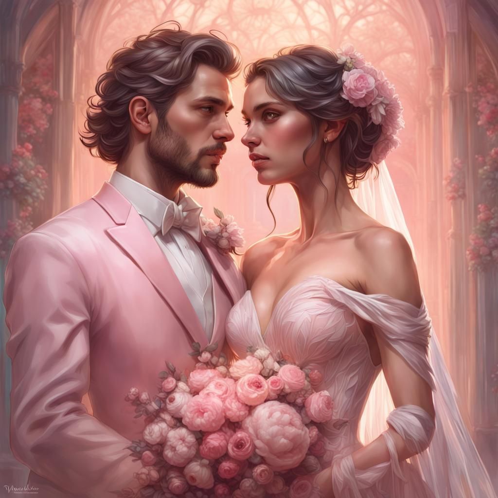 Pastel Pink Wedding Portrait in Art Nouveau Style