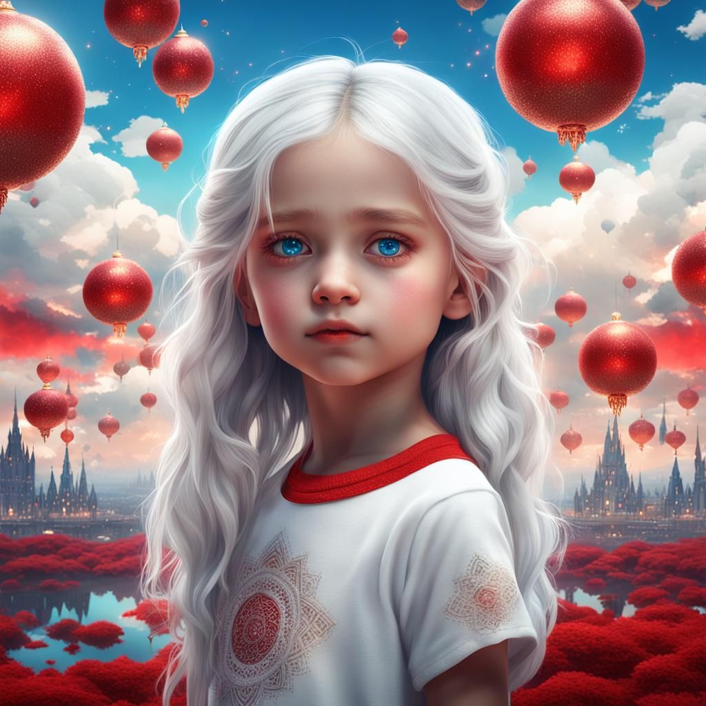 Cute White-Haired Girl with Red Ornament, Fantasy Art