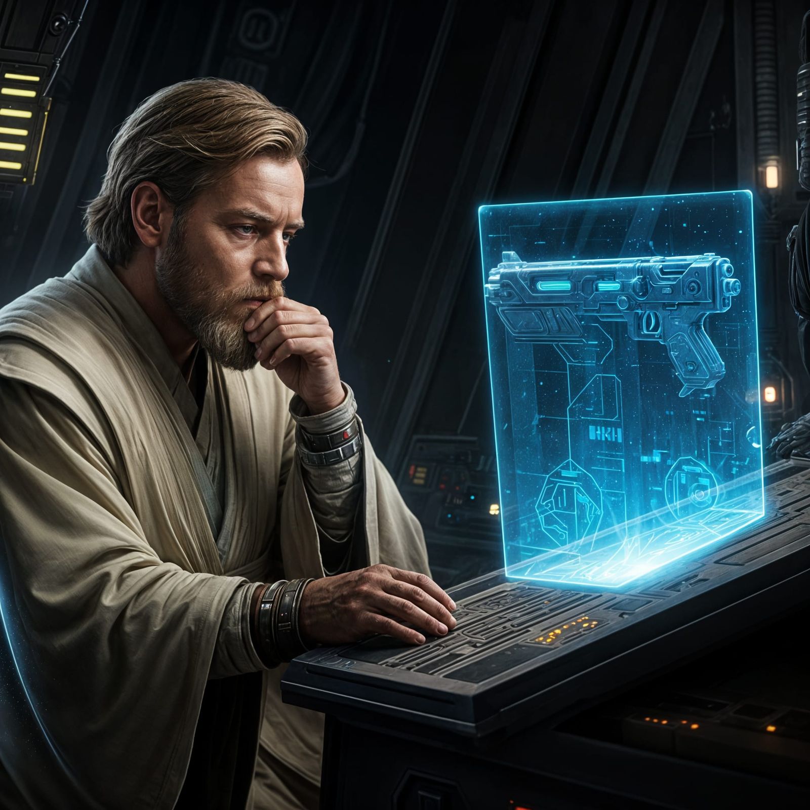 Obi-Wan Contemplates a Hologram in Jedi Archives