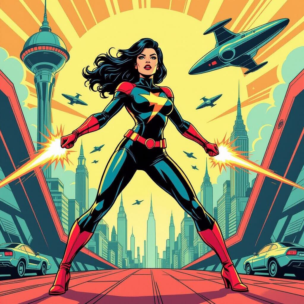 Heroine in Dynamic Atompunk Scene, Comic Book Style