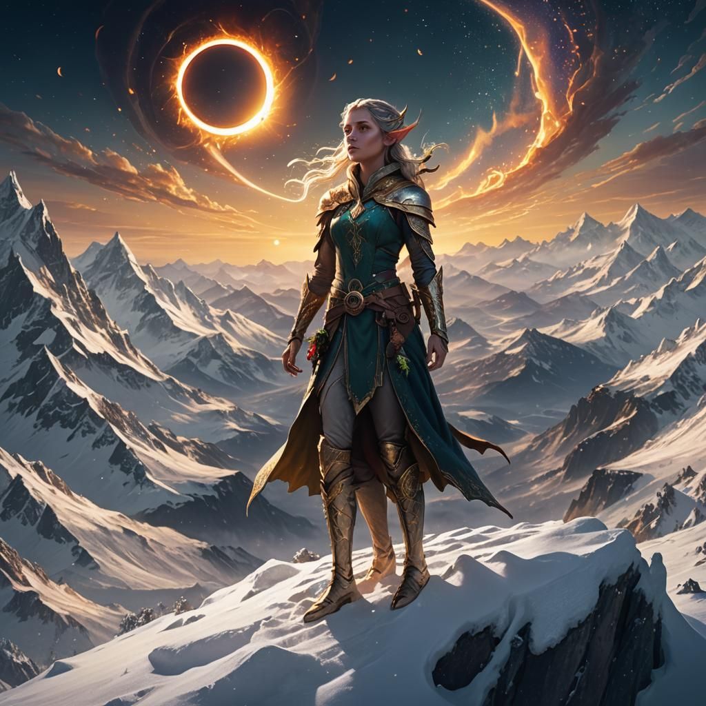 Snow Elf on Mountain Peak During Solar Eclipse