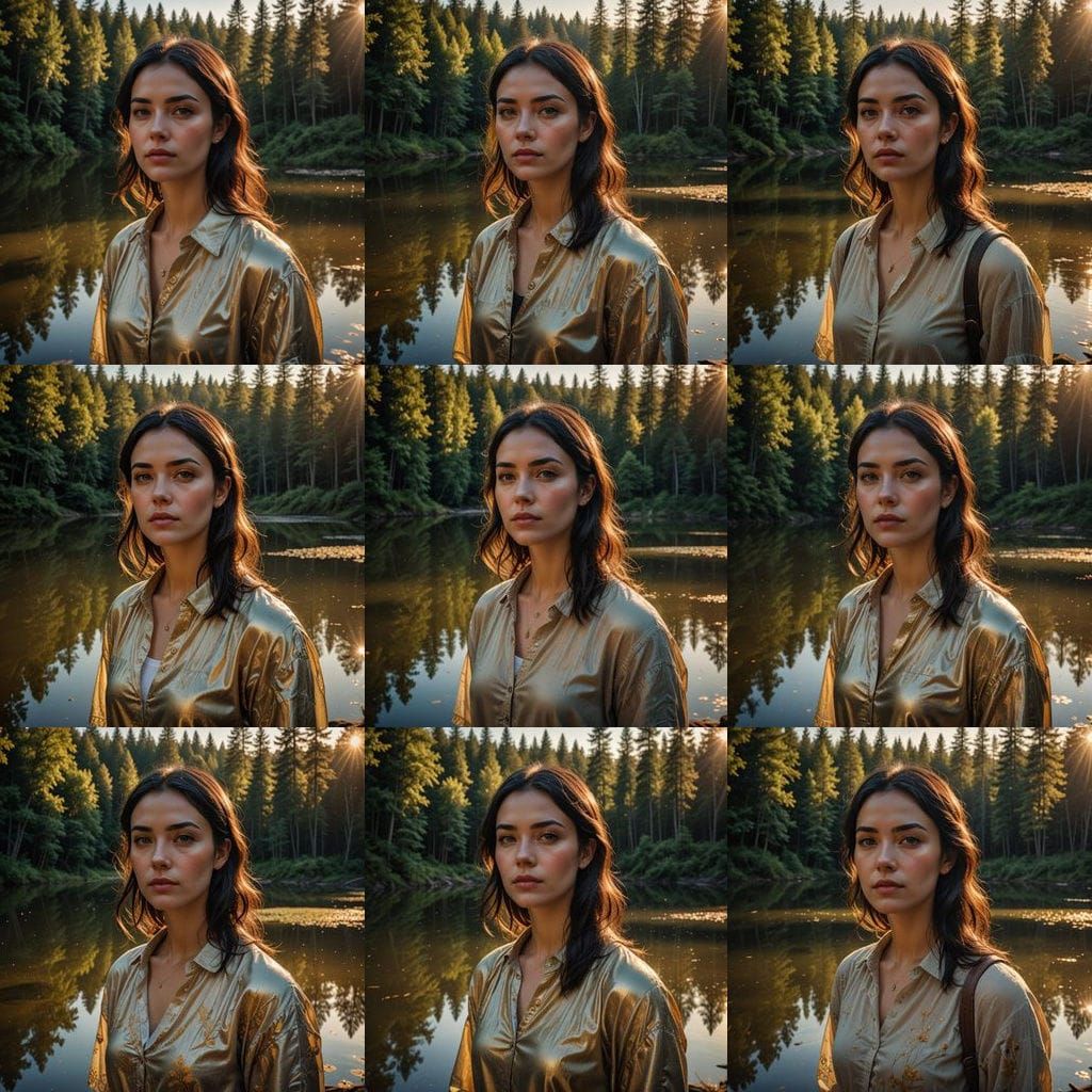 Woman by Forest Lake in Romantic Realism Style